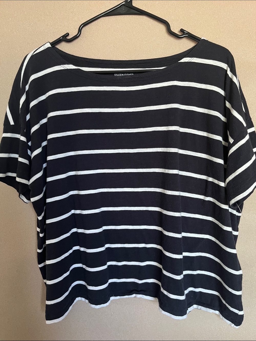 NWOT Eileen Fisher Black White Striped Organic Cotton Boxy Tee Dolman Sleeve Sz